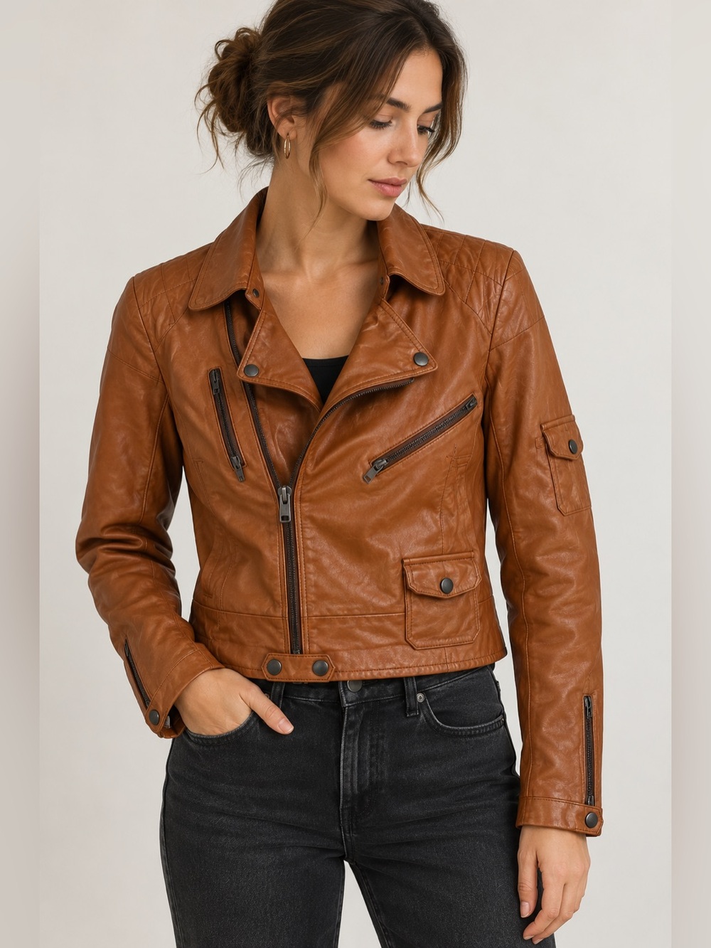 Vintage Bristol Leather Moto Jacket Cropped Cognac Tan 36